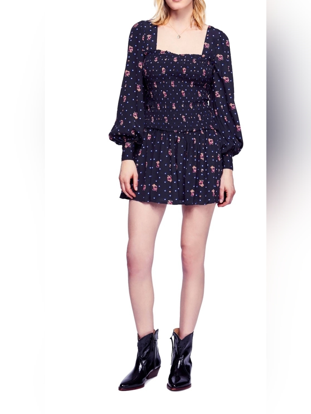 FREE PEOPLE Two Faces Mini Dress Ruched With Floral Print | Small